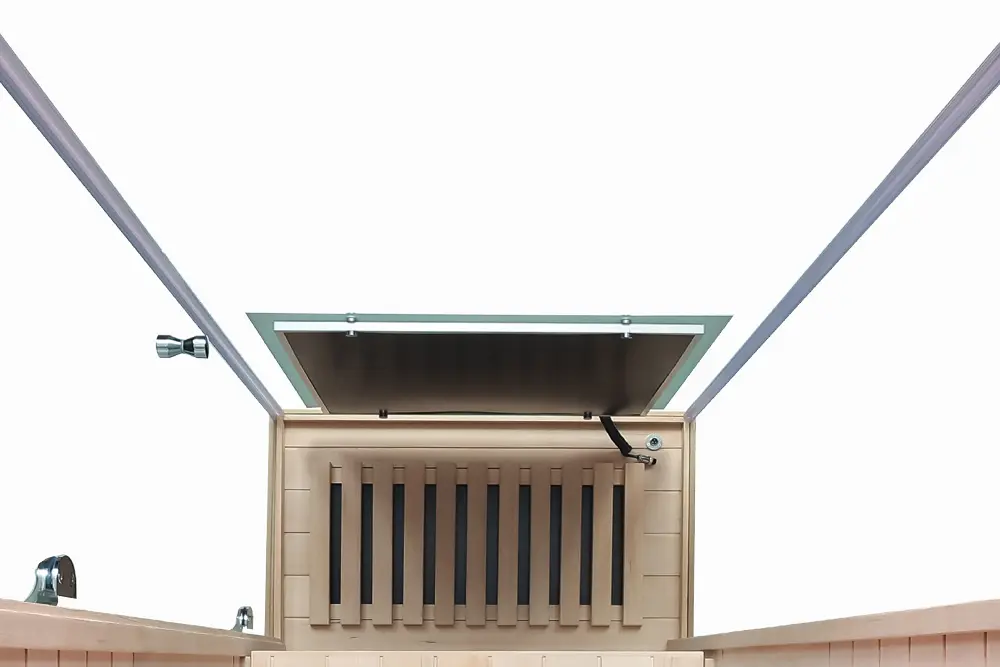 Wizzisaunas 909M infrared sauna with 270-degree full glass design providing open, modern, and luxurious look.