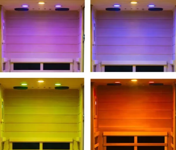 Colorful chromotherapy lights promoting relaxation and wellness through different therapeutic colors.