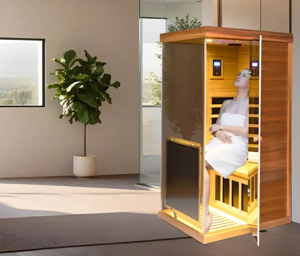 909MHR infrared sauna in a modern home setting, offering a relaxing and therapeutic wellness experience with advanced technology.