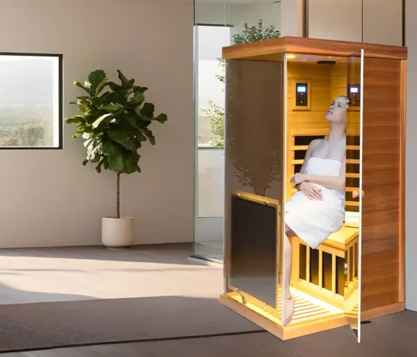 909MHR infrared sauna in a modern home setting, offering a relaxing and therapeutic wellness experience with advanced technology.