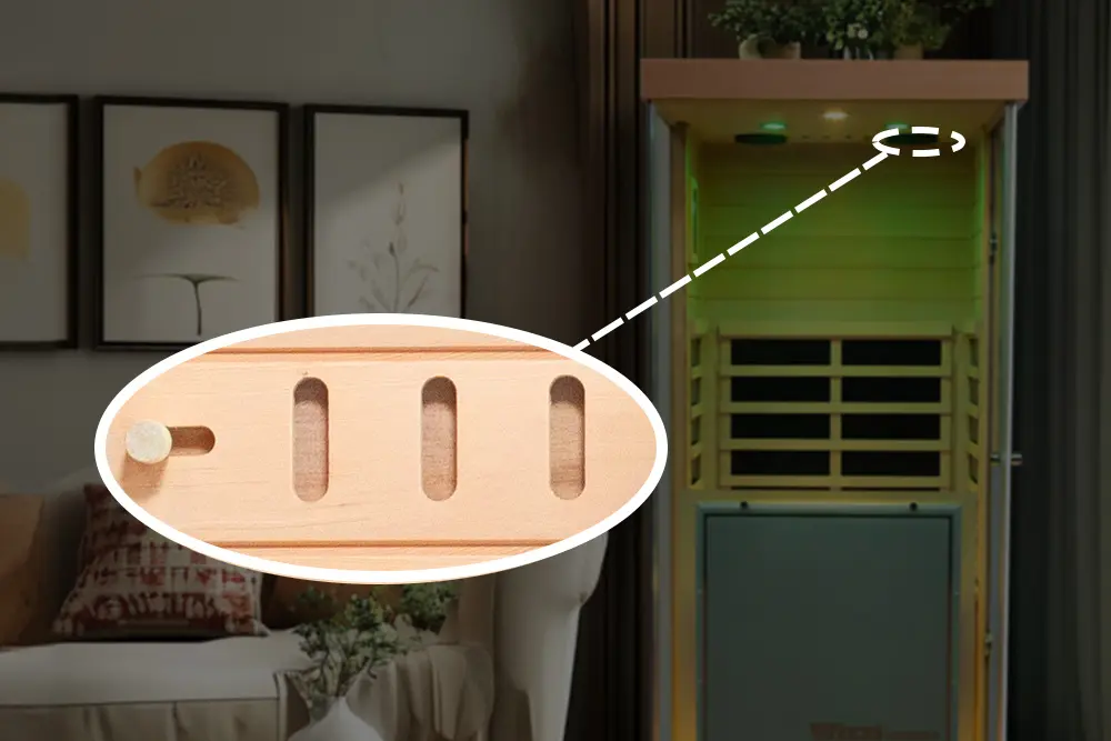 Wizzisaunas 909M infrared sauna ventilation system ensures fresh air circulation for comfortable experience.