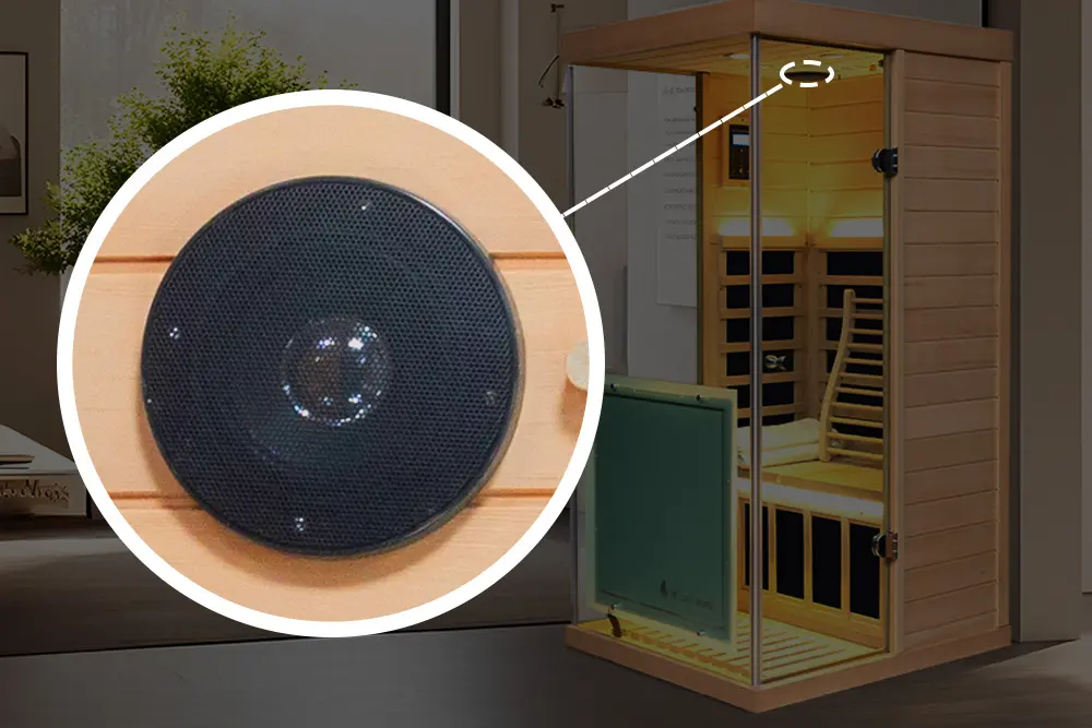 Wizzisaunas 909M infrared sauna with built-in Bluetooth stereo speakers controlled via LCD panel.