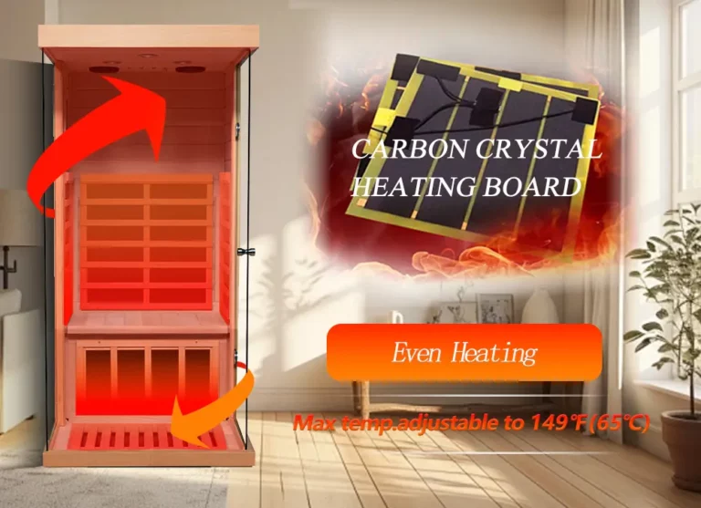 Wizzisaunas 909M infrared sauna with 360-degree surround heating system and six carbon crystal heating panels for full-body warmth.