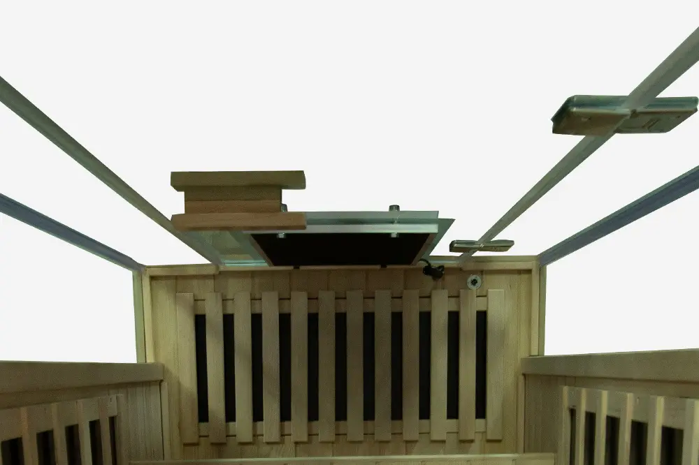 Wizzisaunas S01 infrared sauna with large glass front and side panels for open, modern design