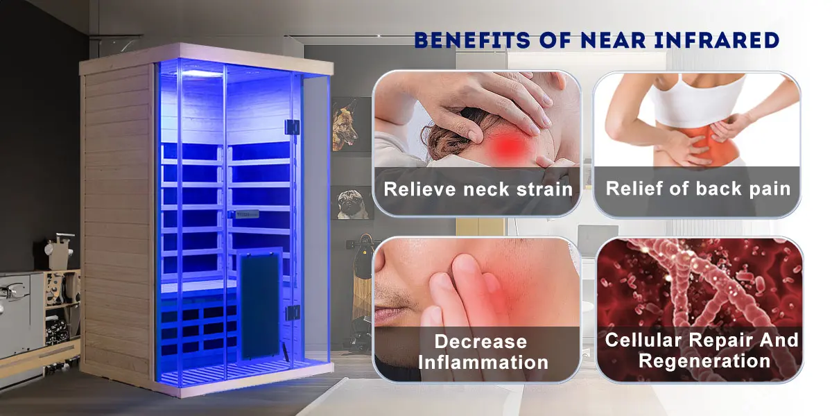 Wizzisaunas full spectrum infrared sauna with medical-grade blue light therapy for neck and back pain relief, inflammation reduction, and cell repair