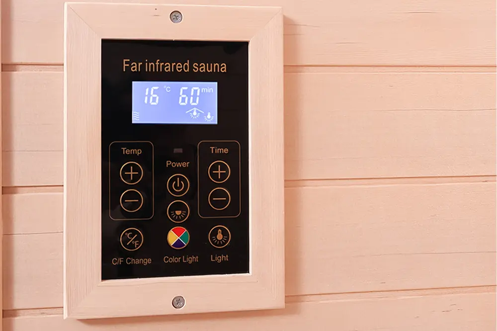 Wizzisaunas S02 infrared sauna LCD control panel for temperature, timer, lighting, and Bluetooth audio