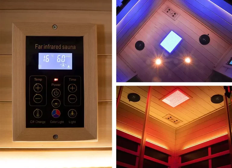 Wizzisaunas S07 infrared sauna LCD control panel with temperature, timer, lighting, and Bluetooth audio functions.