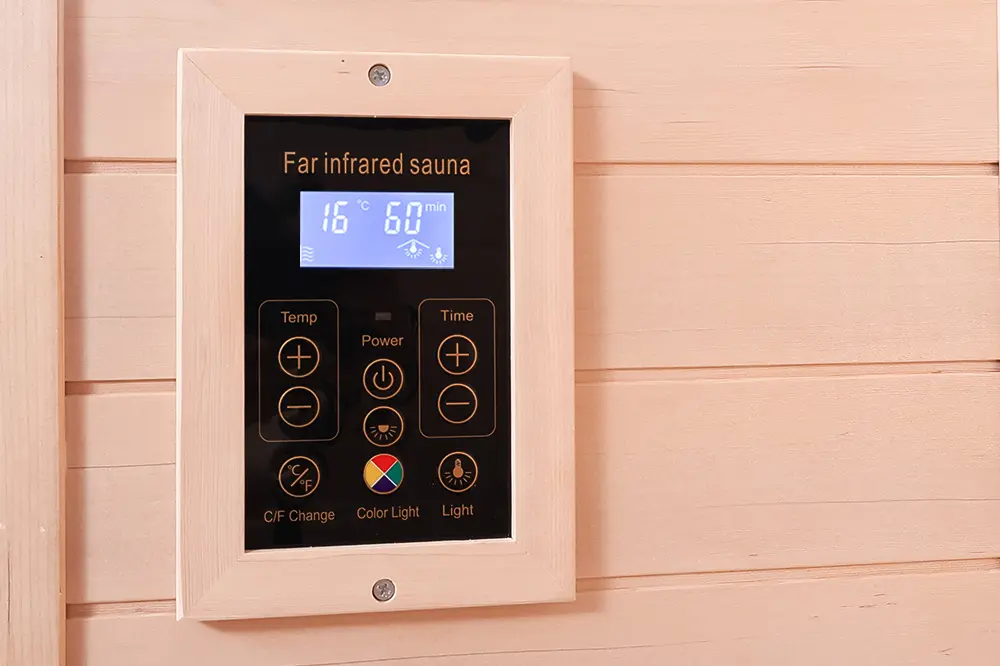LCD controller in a Wizzisaunas mini infrared sauna for easy control of temperature, lighting, time, and audio.