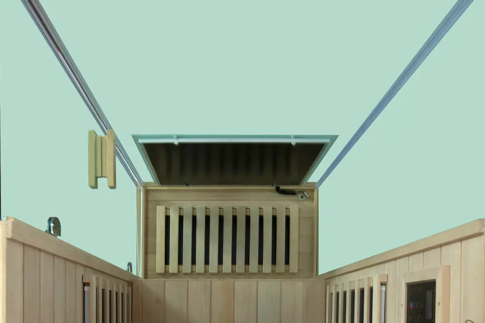 Wizzisaunas 909MX infrared sauna with three glass sides offering a 270-degree panoramic view.