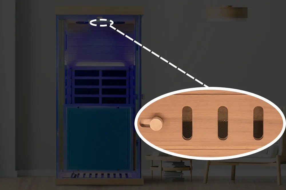Top ventilation vents of the Wizzisaunas 909MX infrared sauna, ensuring proper airflow and comfort during sessions.