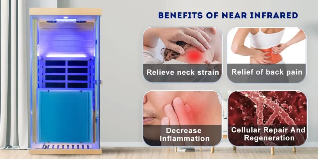 Wizzisaunas 909MX infrared sauna with blue light therapy relieving tension, pain, inflammation, and supporting cellular regeneration.