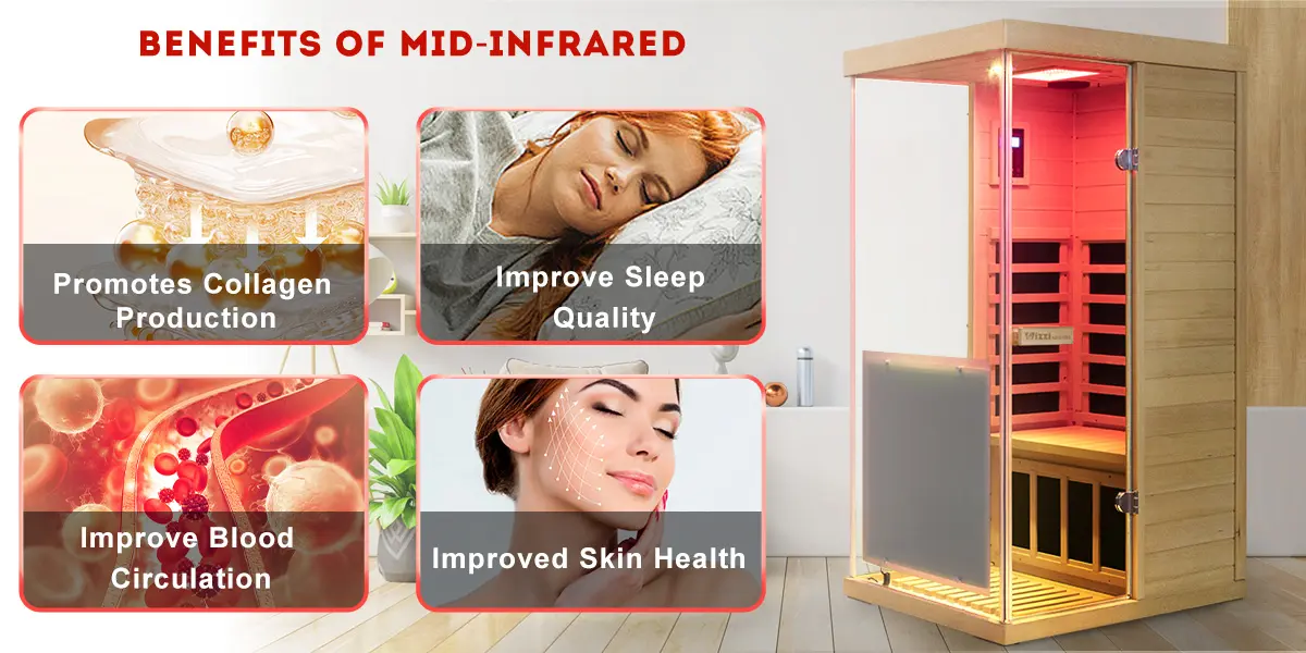 Wizzisaunas 909MX infrared sauna with red light therapy stimulating collagen, cell repair, and circulation.