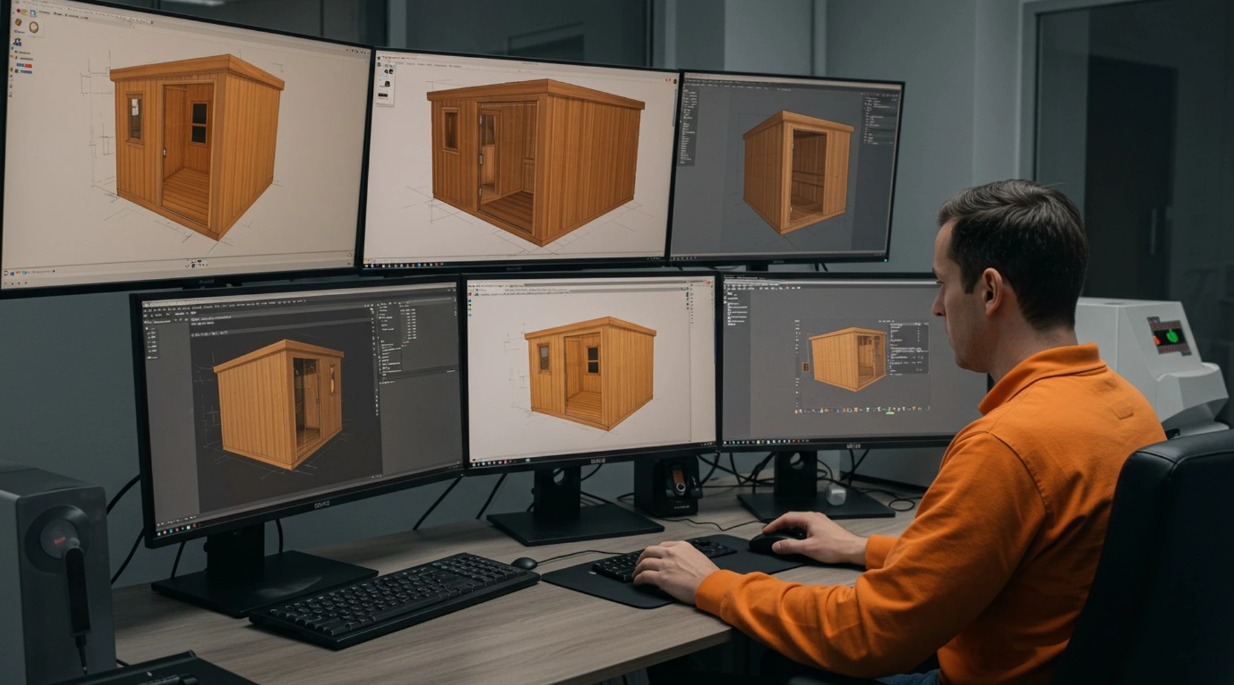Engineer designing infrared sauna using CAD software with multiple renderings, highlighting precision and quality control