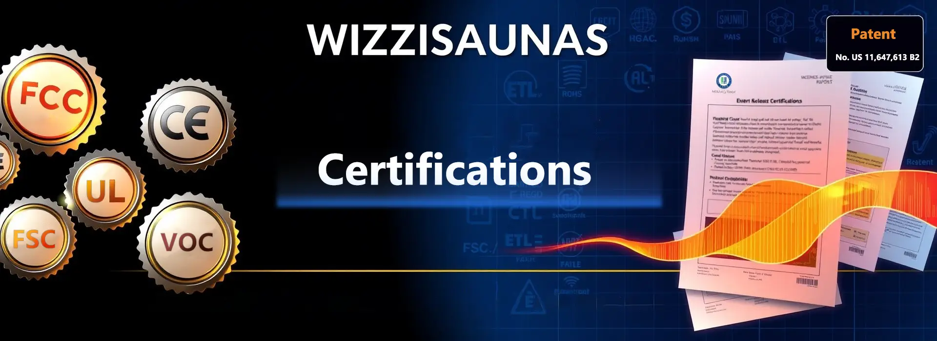 Wizzisaunas infrared sauna certifications and patents highlighting safety, quality, and industry compliance