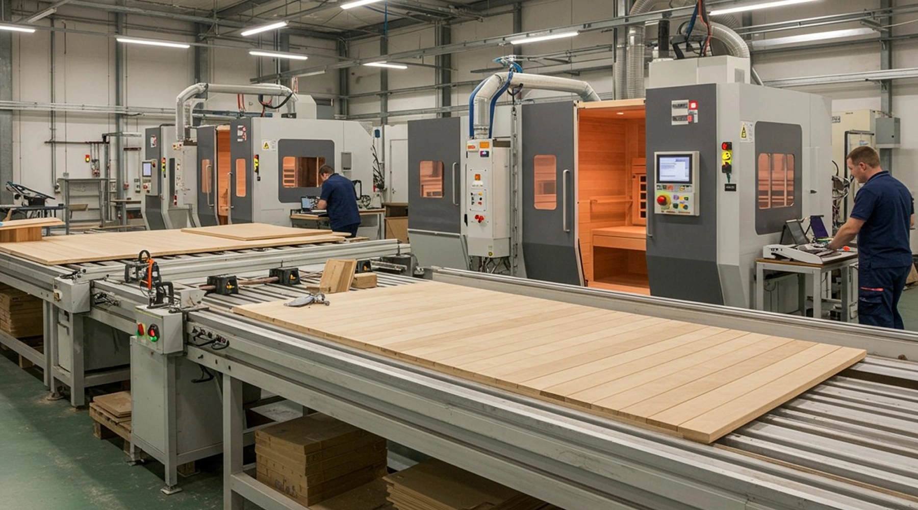 Automated wood panel testing in factory showcasing craftsmanship, CNC cutting, and quality control