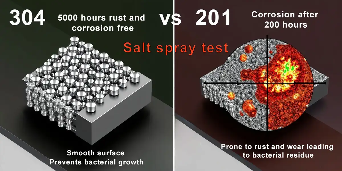 Comparison between 304 and 201 stainless steel illustrating durability and corrosion resistance in sauna hardware