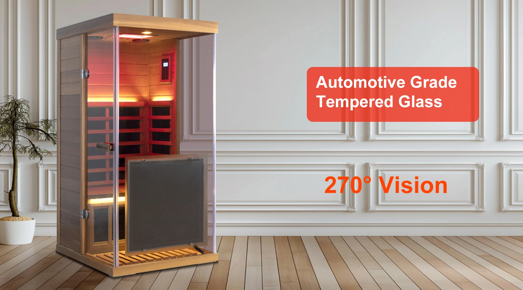 Wizzisaunas 909MRX infrared sauna with automotive-grade tempered glass and three-sided 270-degree panoramic view