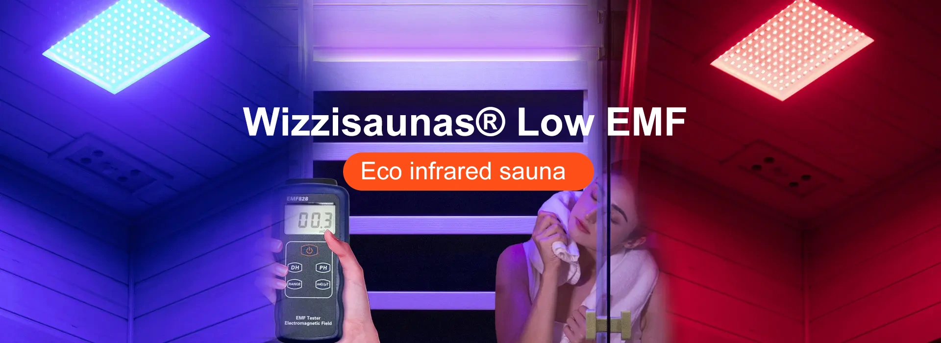 User in Wizzisaunas infrared sauna with red and blue light modules, full-spectrum infrared, and EMF meter reading 0.3 mG for ultra-low EMF safety