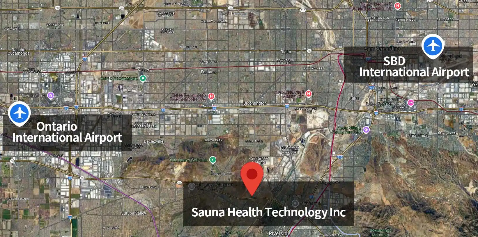 Map showing sauna-manufacturer Sauna Health Technology Inc. in Jurupa Valley, CA, near major airports and logistics hubs.