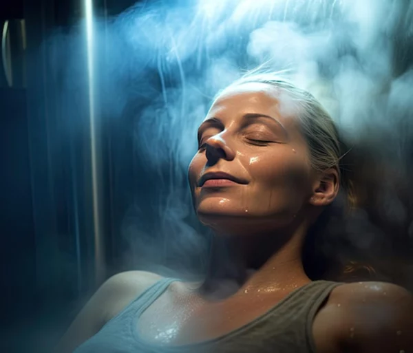 A woman relaxing in an infrared sauna with gentle steam, showing what to wear during a sauna session.
