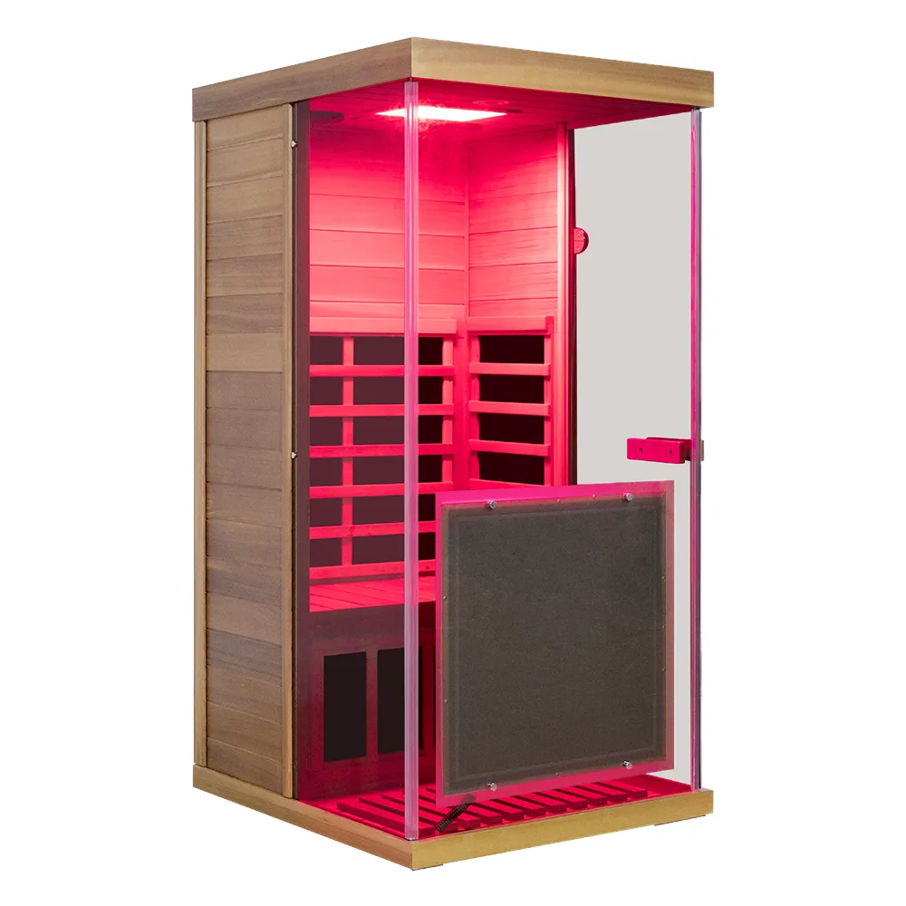 Wizzisaunas 909MRX infrared sauna with red lights on, highlighting its sleek design and warm, illuminated interior.