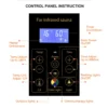 Close-up view of the Wizzisaunas infrared sauna control panel with LCD display showing temperature, timer, and lighting controls, including switches for chromotherapy, reading light, wall light, temperature adjustment, and timer settings.