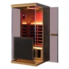Wizzisaunas 909MRX infrared sauna 45° side view with red lights, wall lights on, and left glass door open, clearly showing the dark tinted glass.