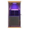 Front view of the Wizzisaunas 909MRX infrared sauna with blue lights on, highlighting its sleek design and illuminated interior.