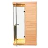 Wizzisaunas 909MHX infrared sauna side view with glass door open, showcasing its modern design and spacious interior.