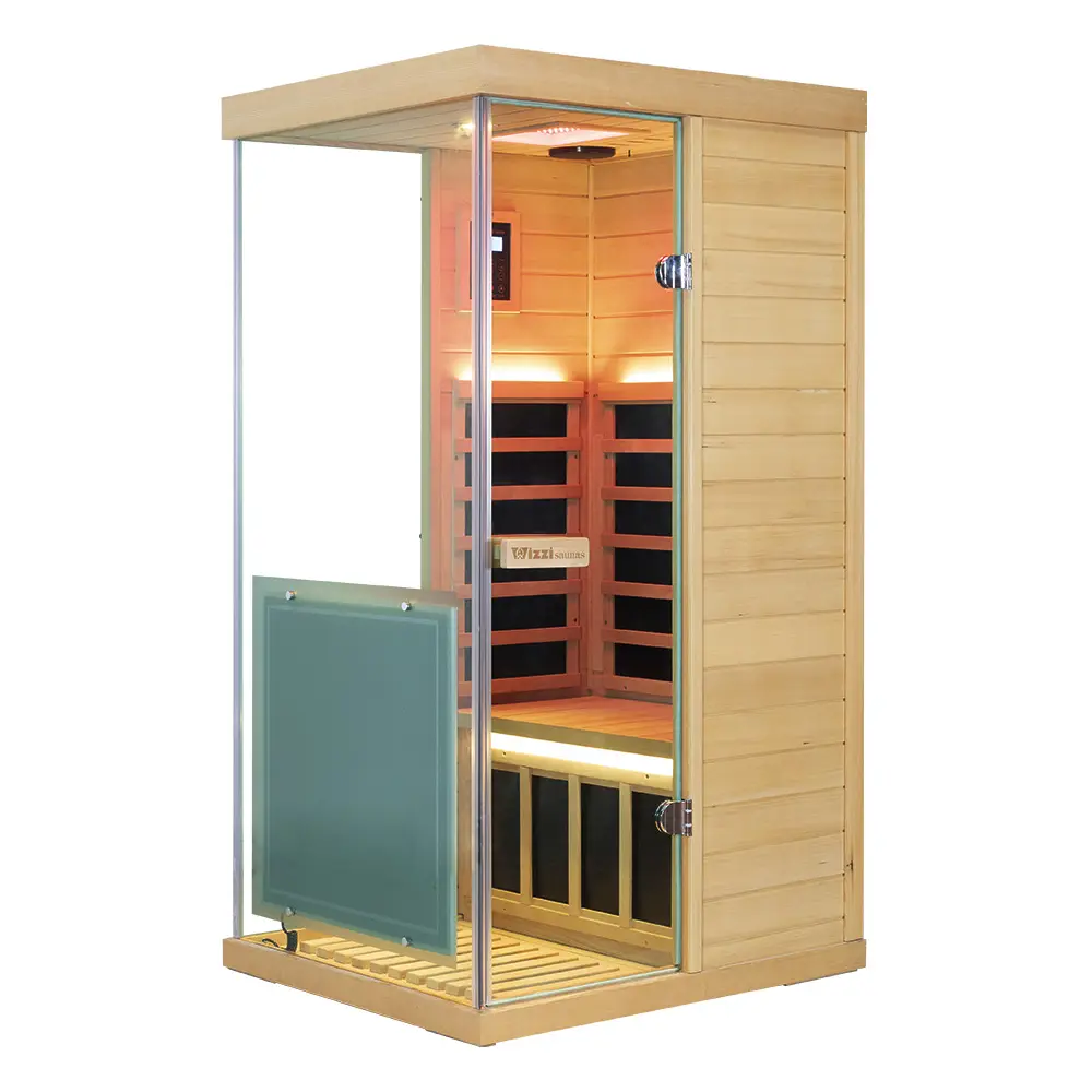 Wizzisaunas 909MHX infrared sauna front view with full-spectrum heating panels
