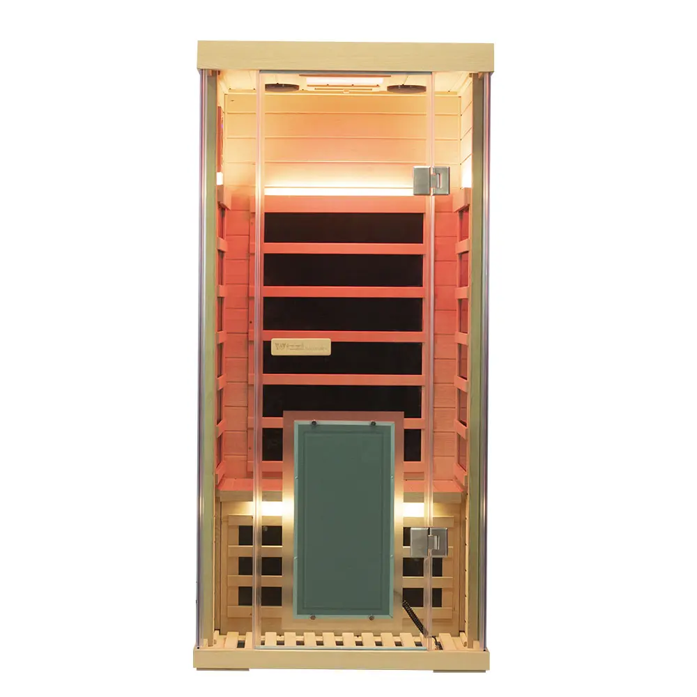 Wizzisaunas S01 full spectrum infrared sauna crafted with premium Hemlock wood, front view