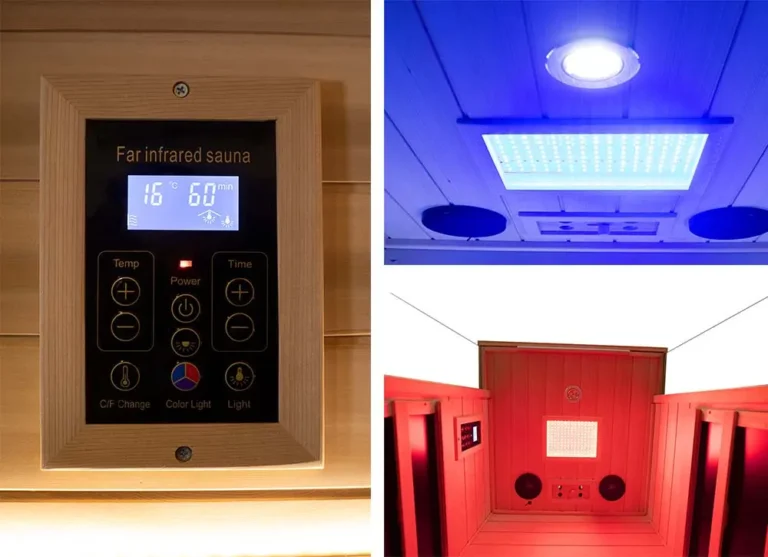 Wizzisaunas S01 infrared sauna LCD control panel for temperature, timer, lighting, and Bluetooth audio functions