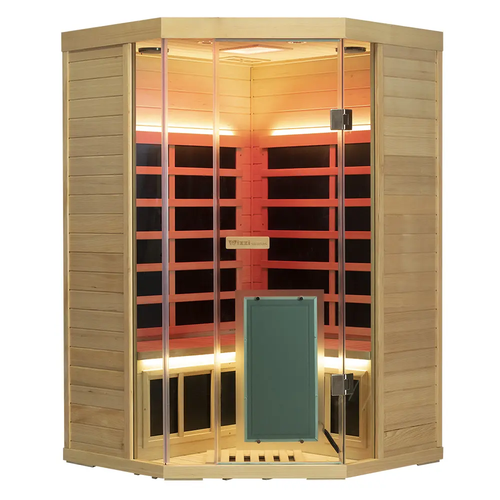 Pentagon-shaped Wizzisaunas S07 full spectrum infrared sauna crafted from Hemlock wood