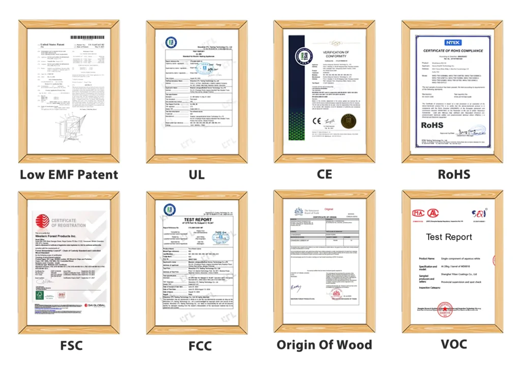 Wizzisaunas infrared sauna certifications including CE, RoHS, FSC, FCC, UL, VOC, and Low EMF Patent