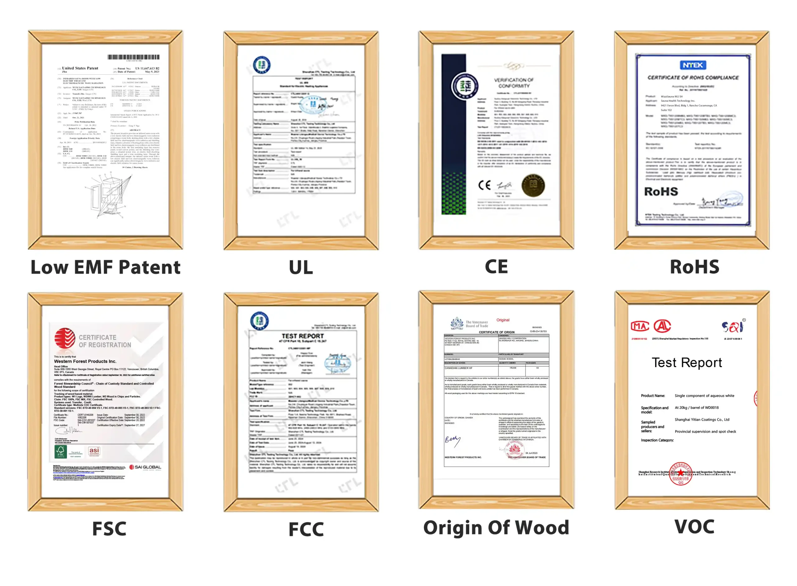 Wizzisaunas infrared sauna certifications including CE, RoHS, FSC, FCC, UL, VOC, and Low EMF Patent