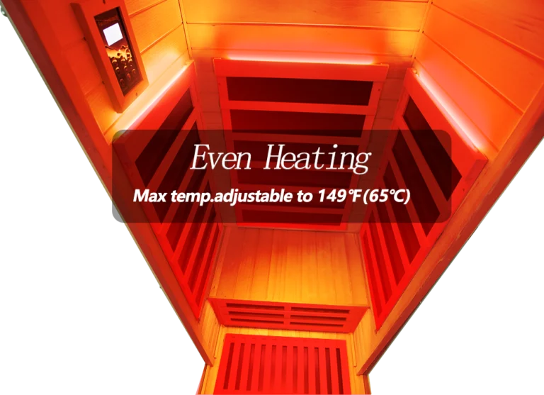 Infrared sauna interior with even heating panels, maximum temperature up to 149°F (65°C)