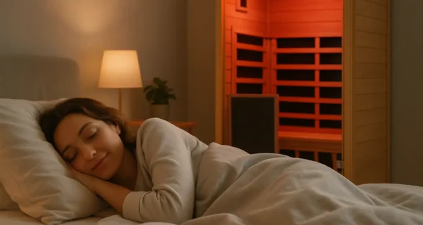 Woman sleeping peacefully in bedroom with red light infrared sauna glowing behind her, symbolizing longevity and biohacking benefits.