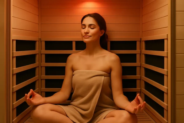 Person meditating inside an infrared sauna, illustrating stress relief and brain health