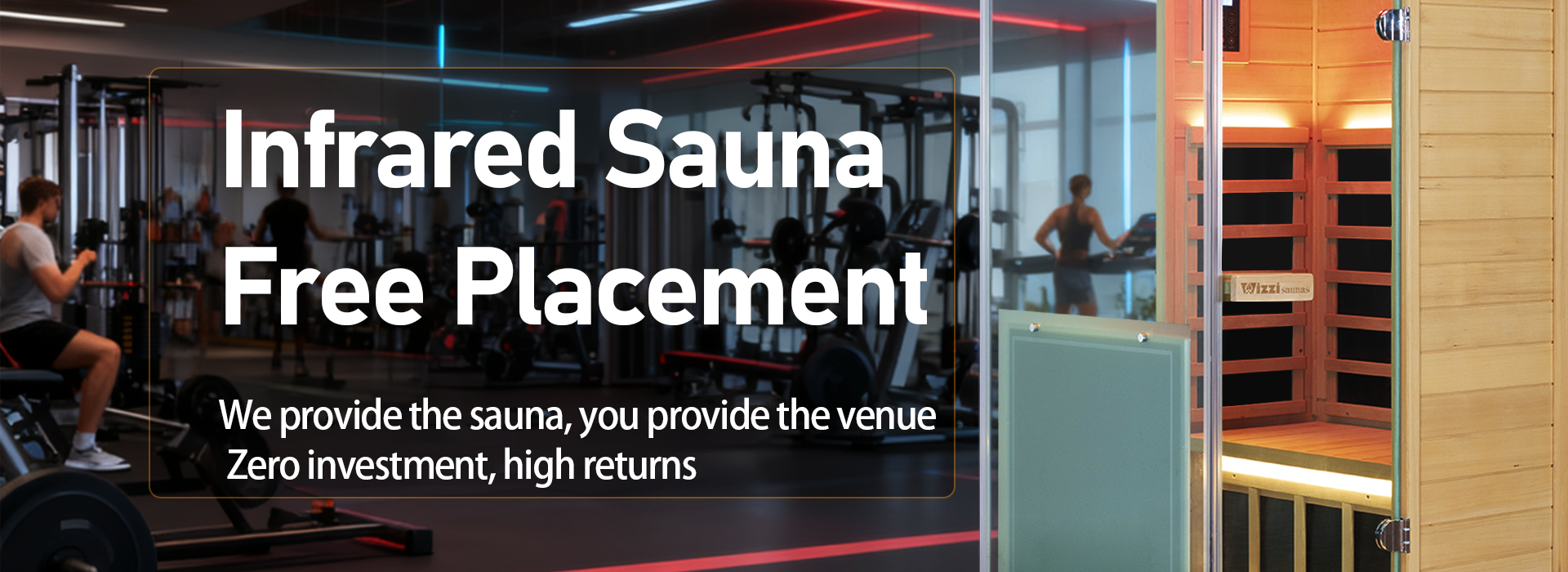 Business sauna partnership banner offering free placement of Wizzisaunas infrared saunas with zero investment and high returns